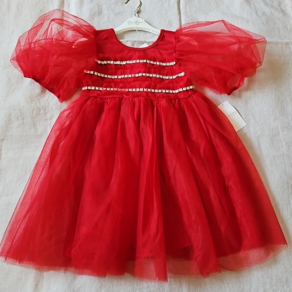 Jessica Simpson Flower Girl Red Tulle Dress Puff Sleeves Rhinestones Accent 6X